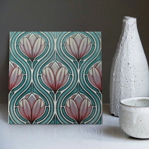 Purple Tulips on Blue Symmetric Art Nouveau Tile