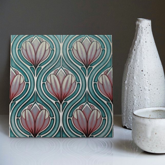 Purple Tulips on Blue Symmetric Art Nouveau Tile (Creator Uploaded)