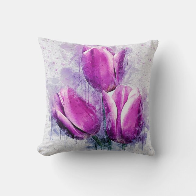 Purple Tulips Watercolor Painting Cushion (Front)