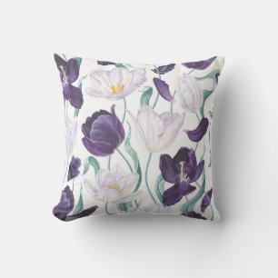 Purple Tulips: White Vintage Realism. Cushion