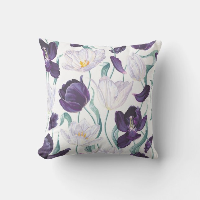 Purple Tulips: White Vintage Realism. Cushion (Front)