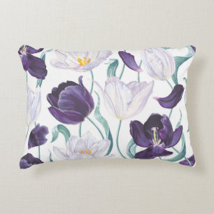 Purple Tulips: White Vintage Realism. Decorative Cushion