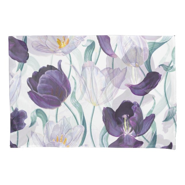 Purple Tulips: White Vintage Realism. Pillowcase (Front)