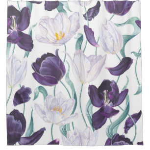 Purple Tulips: White Vintage Realism. Shower Curtain