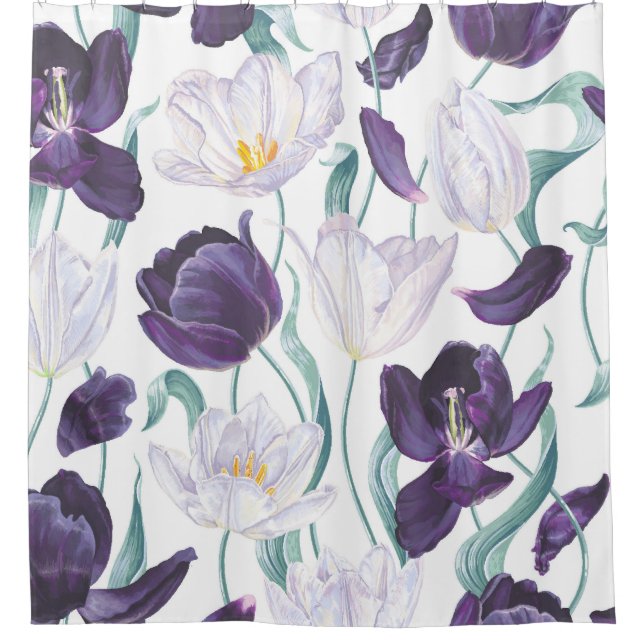 Purple Tulips: White Vintage Realism. Shower Curtain (Front)