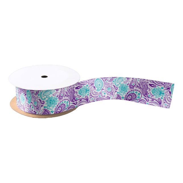 Purple turquoise and white vintage paisley satin ribbon (Spool)