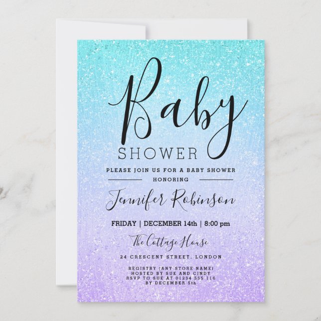 Purple & Turquoise Baby Shower Glitter Look Paint Invitation (Front)