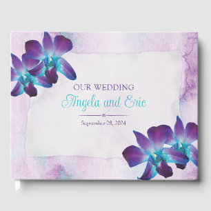 Purple Turquoise Blue Dendrobium Orchid Wedding Guest Book