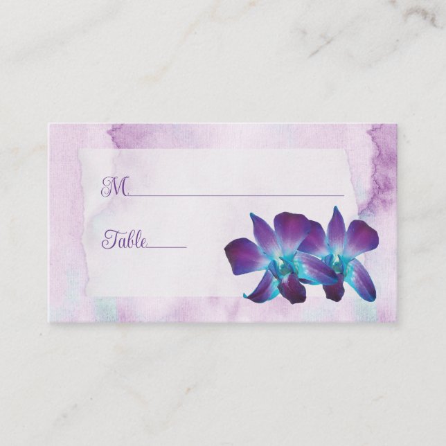 Purple Turquoise Blue Dendrobium Orchid Wedding Place Card (Front)
