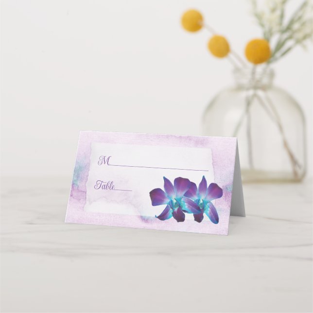 Purple Turquoise Blue Dendrobium Orchid Wedding Place Card (Front)