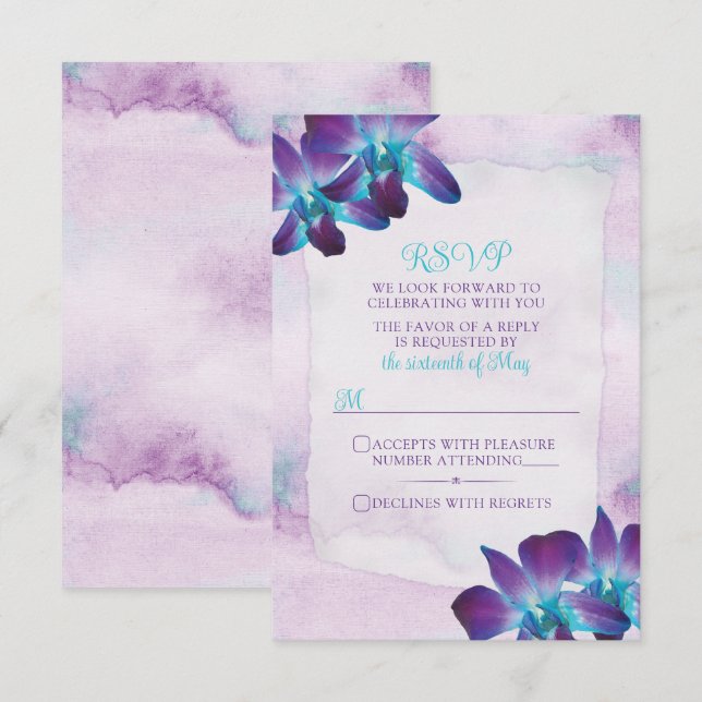 Purple Turquoise Blue Dendrobium Orchid Wedding RSVP Card (Front/Back)