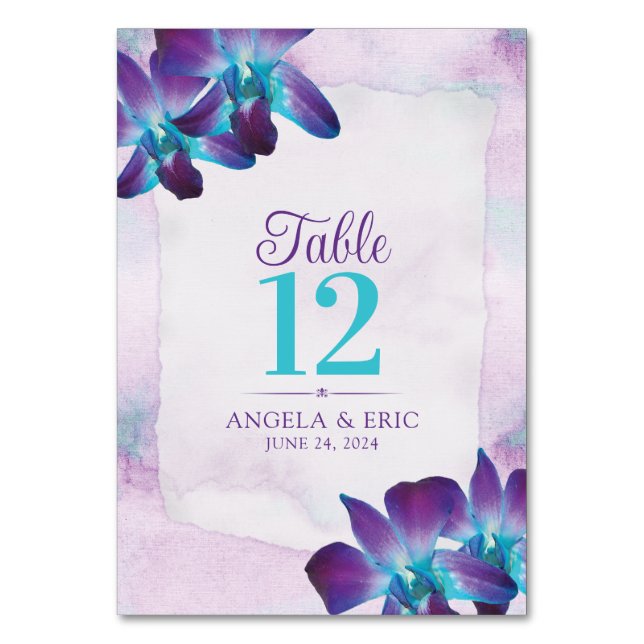 Purple Turquoise Blue Dendrobium Orchid Wedding Table Number (Front)