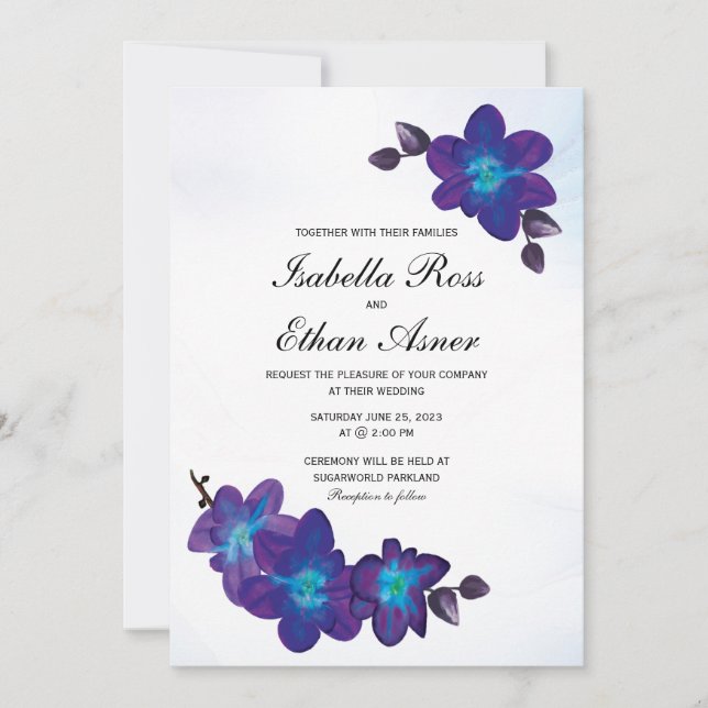Purple Turquoise Blue Orchid Wedding Invitation (Front)