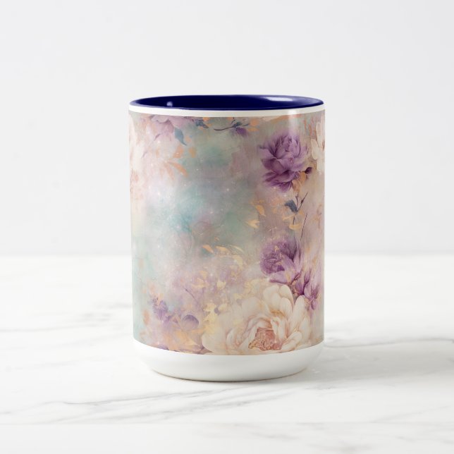 Purple Turquoise Blush Floral Two-Tone Coffee Mug (Center)