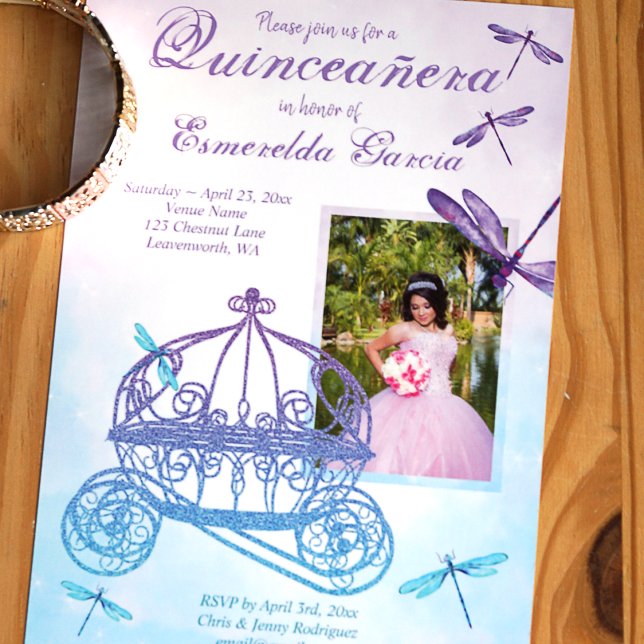 Purple & Turquoise Carriage Quinceañera Invitation (Purple and turquoise glitter horse carriage quinceanera mis quince invitation with photo)