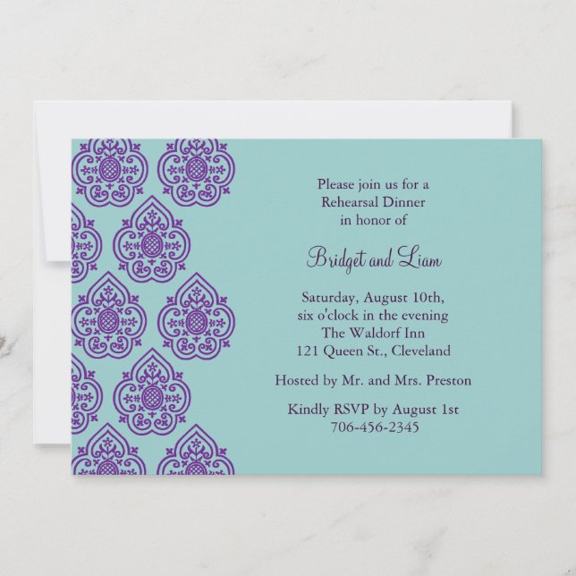 Purple/Turquoise Damask Rehearsal Dinner Invite (Front)