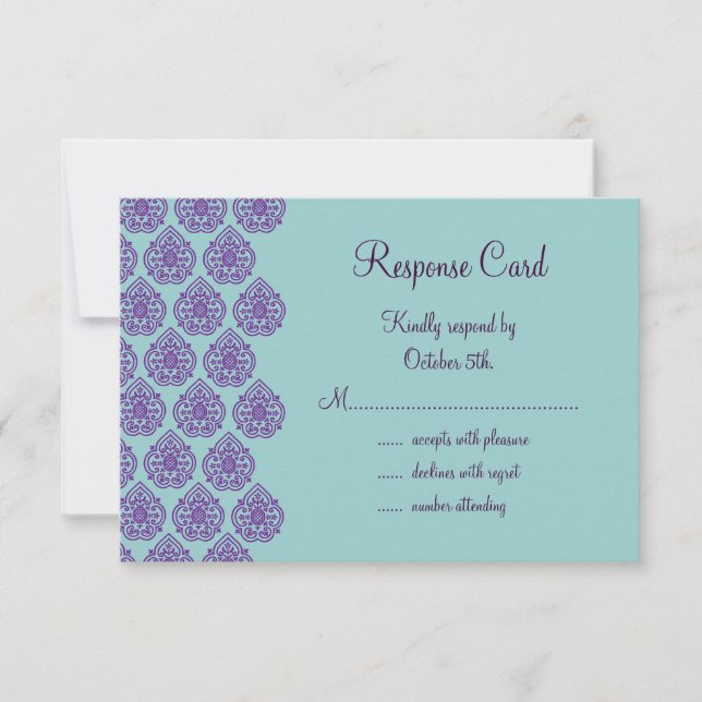 Purple/Turquoise Damask RSVP (Front)