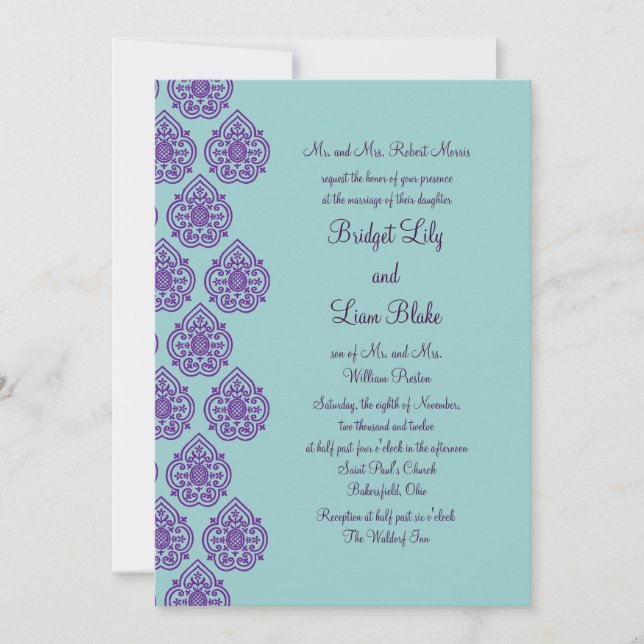 Purple/Turquoise Damask Wedding Invitation (Front)