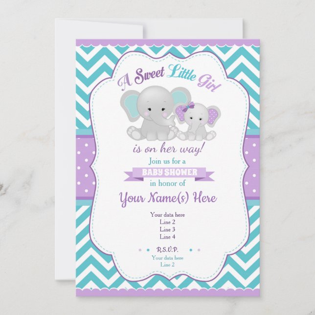 Purple Turquoise Elephant Baby Shower Invitation (Front)