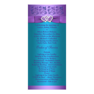 Purple, Turquoise Floral Hearts Wedding Program 2 Rack Card