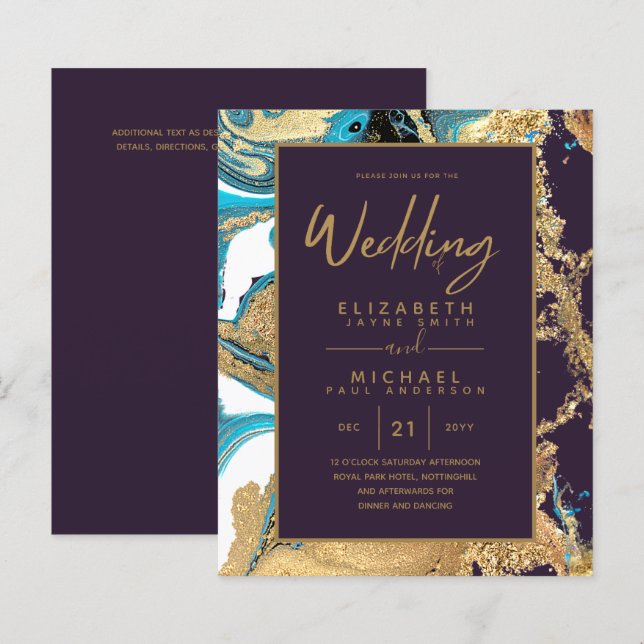 Purple Turquoise Gold Agate Budget Wedding Invites (Front/Back)