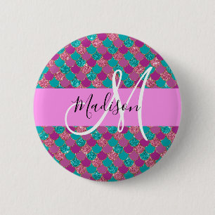 Purple Turquoise Mermaid Glitter Sparkles Monogram 6 Cm Round Badge