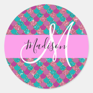 Purple Turquoise Mermaid Glitter Sparkles Monogram Classic Round Sticker