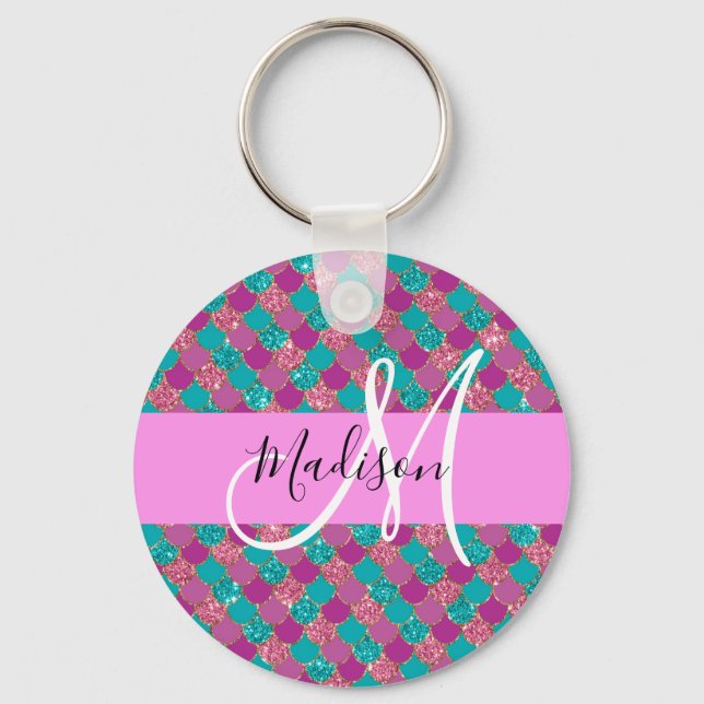 Purple Turquoise Mermaid Glitter Sparkles Monogram Key Ring (Front)
