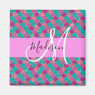 Purple Turquoise Mermaid Glitter Sparkles Monogram Magnet