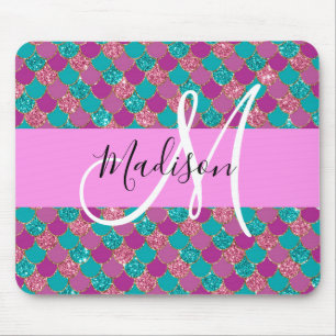 Purple Turquoise Mermaid Glitter Sparkles Monogram Mouse Mat