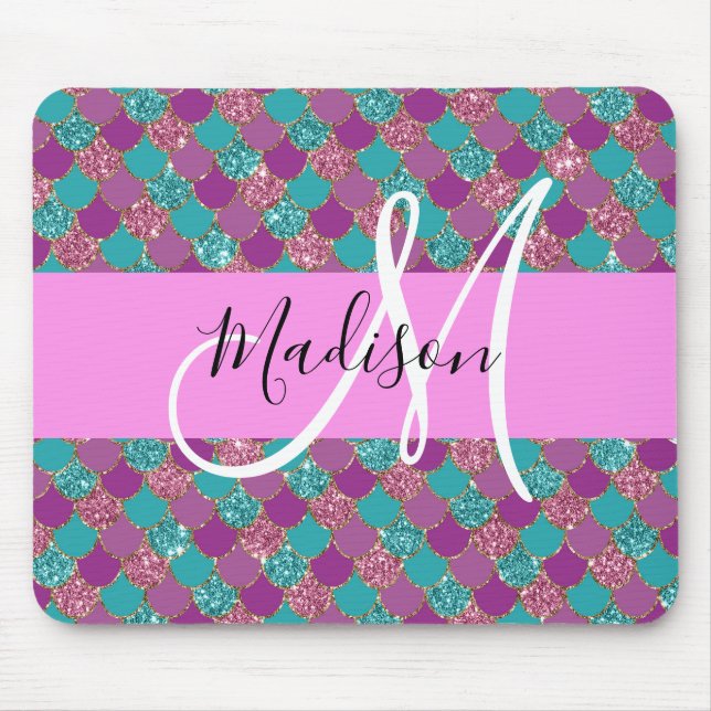 Purple Turquoise Mermaid Glitter Sparkles Monogram Mouse Mat (Front)