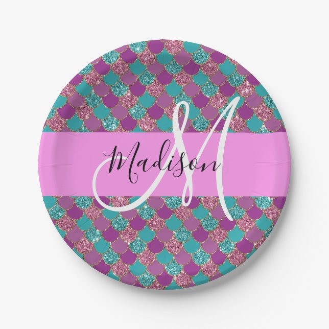 Purple Turquoise Mermaid Glitter Sparkles Monogram Paper Plate (Front)