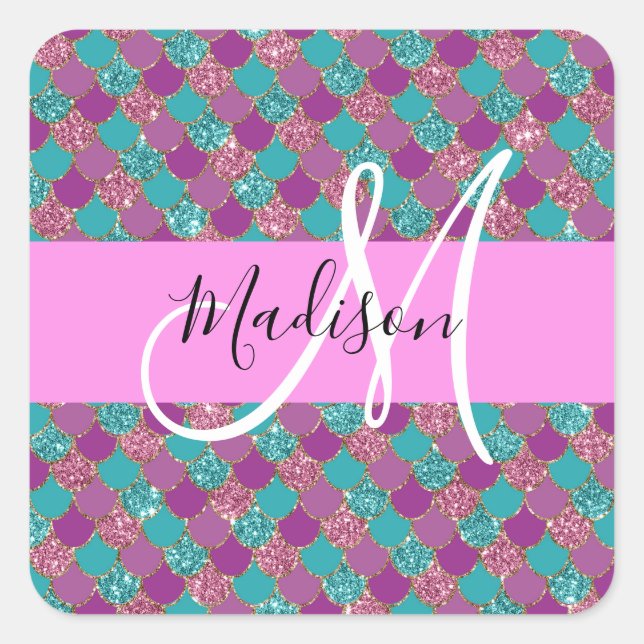 Purple Turquoise Mermaid Glitter Sparkles Monogram Square Sticker (Front)