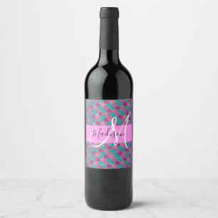 Purple Turquoise Mermaid Glitter Sparkles Monogram Wine Label