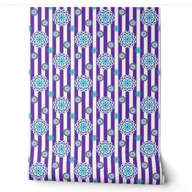 Purple, Turquoise Mod Flowers on Stripes Wallpaper (Unrolling)