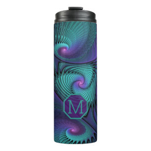 Purple Turquoise modern abstract Fractal Monogram Thermal Tumbler
