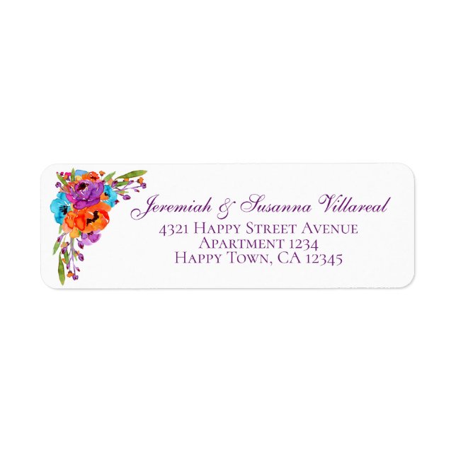 Purple Turquoise Orange Floral Watercolor Address (Front)