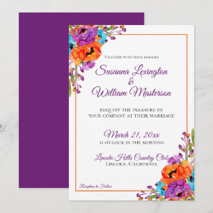 Purple Turquoise Orange Floral Watercolor Wedding Invitation