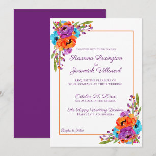Purple Turquoise Orange Floral Watercolor Wedding Invitation