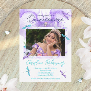 Purple, Turquoise Orchid, Dragonflies Quinceanera Invitation