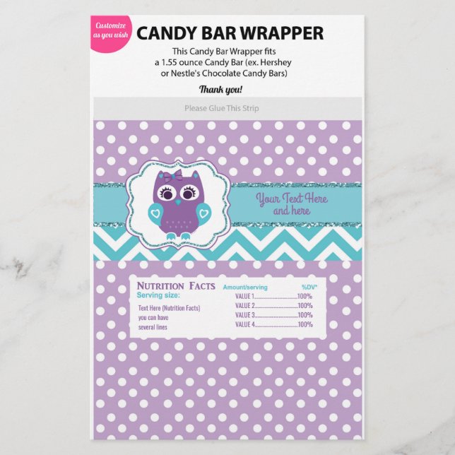 Purple Turquoise Owl Chocolate Wrapper Bar Shower (Front)
