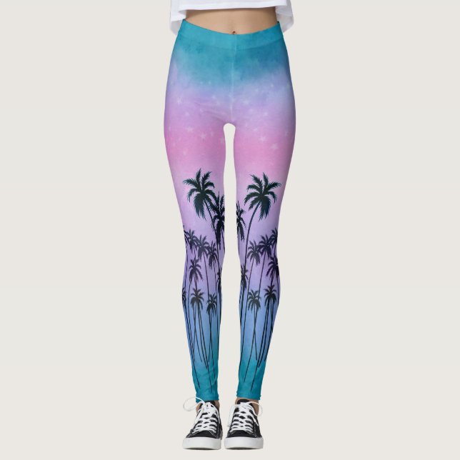 Purple-turquoise Palmtrees Leggings (Front)