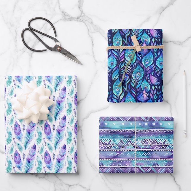 Purple Turquoise Peacock Feathers Wrapping Paper Sheet (Front)