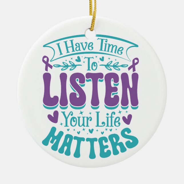 PURPLE TURQUOISE SUICIDE PREVENTION MESSAGE CERAMIC TREE DECORATION (Front)