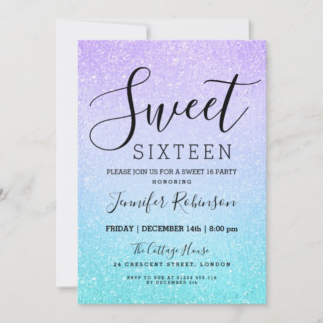 Purple Turquoise Sweet 16 Birthday Glitter Paint Invitation (Front)