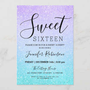 Purple Turquoise Sweet 16 Birthday Glitter Paint Invitation