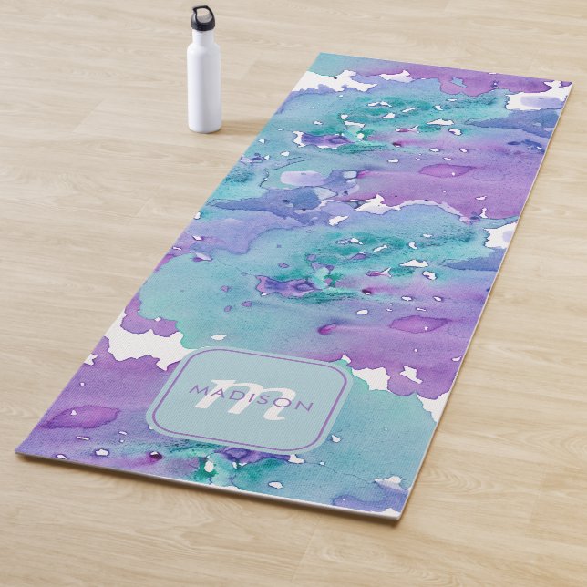 Purple & Turquoise Watercolor Monogram Yoga Mat (In Situ)