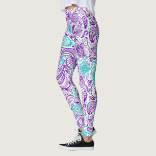 Purple turquoise & white paisley pattern leggings