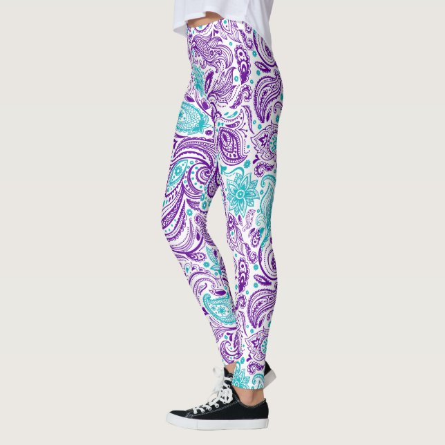 Purple turquoise & white paisley pattern leggings (Left)