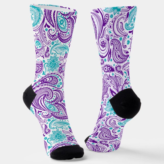 Purple turquoise & white paisley pattern socks (Angled)